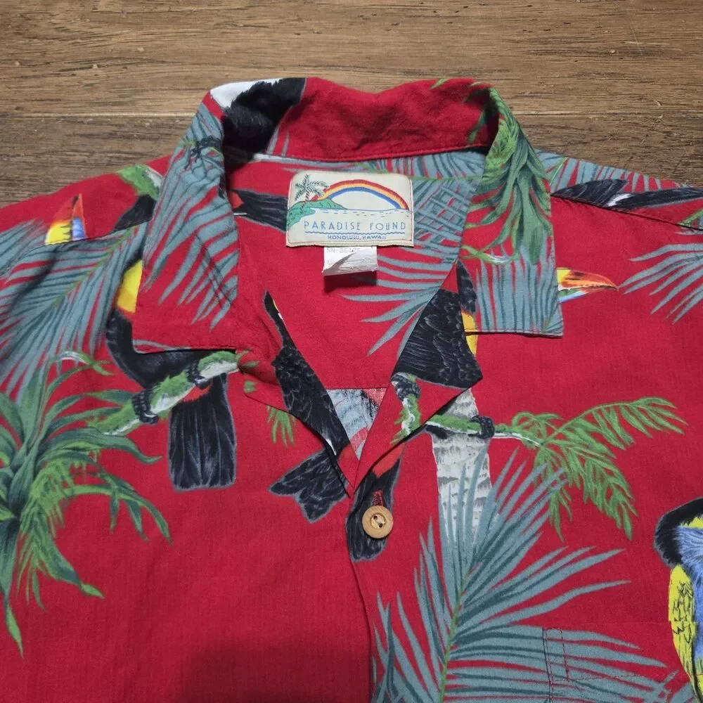 VTG Paradise Found Magnum PI Hawaiian Shirt Red Parrot Print Tom Selleck Mens M